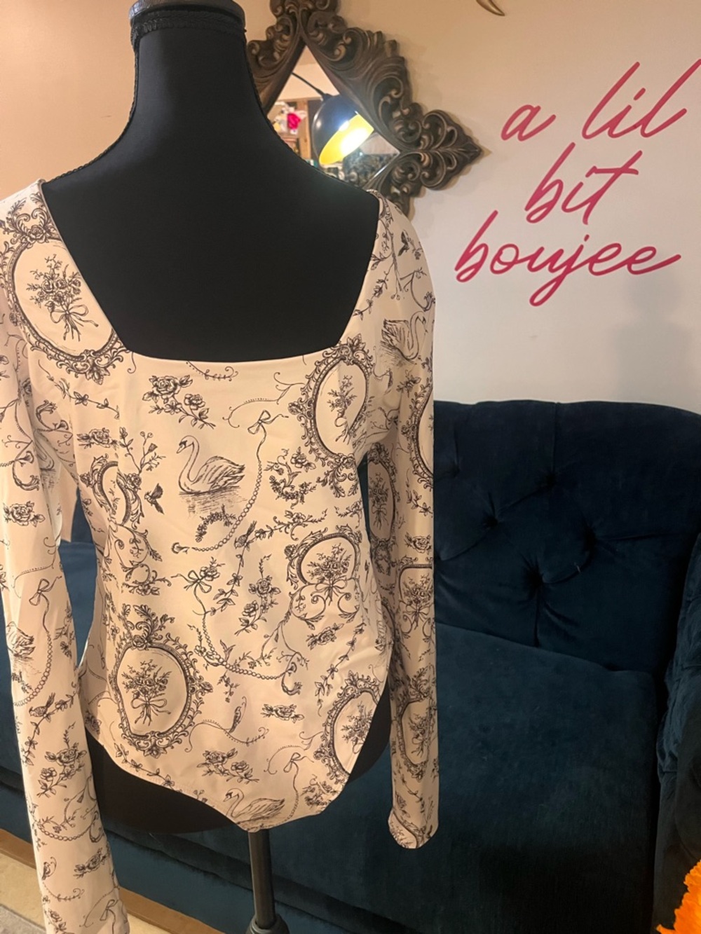 Francesca's Collections Ivory & Chocolate Toile Square-Neck Long-Sleeve Bodysuit - Picture 4 of 11